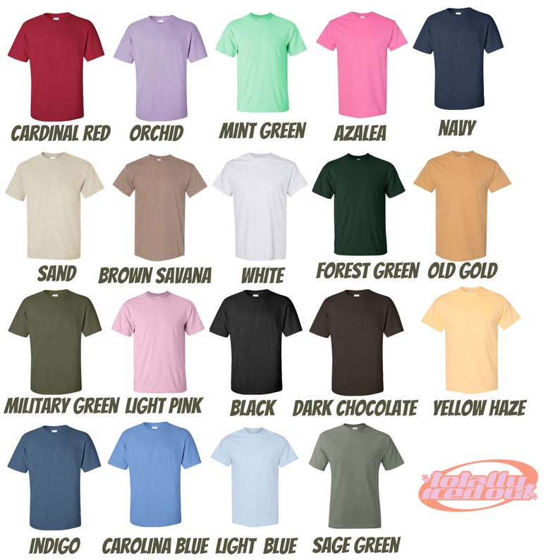Op de afbeelding: Een kaart met 20 verschillende gekleurde T-shirts. De kleuren omvatten kardinaalrood, orchidee, mintgroen, azalea, marineblauw, zand, bruine savanne, wit, bosgroen, oud goud, legergroen, lichtroze, zwart, donker chocolade, gele waas, indigo, carolina blauw, lichtblauw en saliegroen.