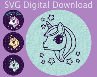 Unicorn SVG file  4 options  - Birthday Girl - Outline for colouring in - 9 stars - 3 stars
