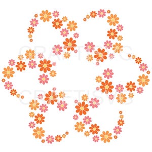 Puede incluir: Un diseño hecho de flores naranjas y rosas dispuestas en un patrón circular. Las flores son todas del mismo tamaño y forma, y están dispuestas de una manera que crea una sensación de movimiento.