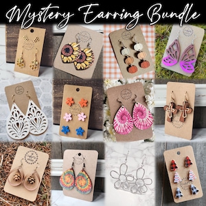 May include: A collection of various earrings displayed on brown cards. The earrings include floral, geometric, and novelty designs, such as sunflowers, pumpkins, butterflies, and crosses. The text "Mystery Earring Bundle" is at the top.