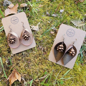 Real Baby Pinecone Faux Leather Loop and Teardrop earrings - Great for Fall, Winter & Christmas Season!
