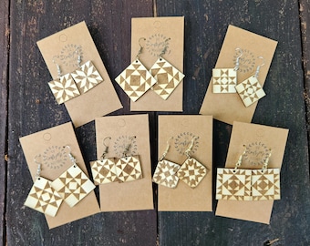 Wood Burnt Barn Quilt Square Wood Earrings, Square Diamond Earrings