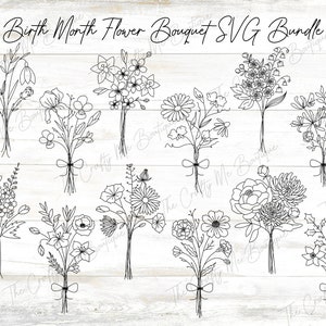 Geboortemaand Bloemenboeket Clipart 12x, SVG Bundel Set, Wilde bloem, teken svg bestand, cricut folie transfer tool & folie quill, graveren