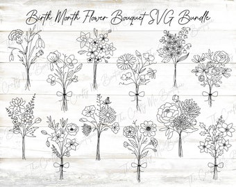 Birth Month Flower Bouquet Clipart 12x, SVG Bundle Set, Wildflower, draw svg file, cricut foil transfer tool & foil quill, engraving