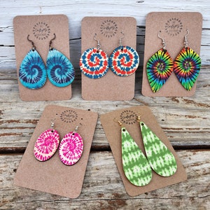 Tie Dye Hippie Boho Sublimation Wood Earrings, Teardrop, Circle & Triangle