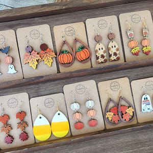 Fall Halloween Autumn Wood Earrings, Leaves, Pumpkin, Ghost, Candy Corn Dangle Earrings