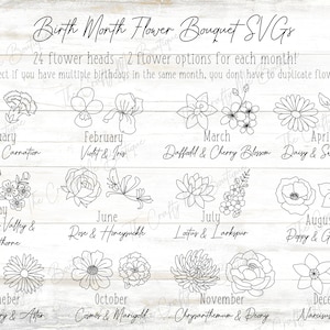 Aangepaste geboortemaand bloemboeket Clipart, SVG bundel set, wildflower, gesneden tekening graveren svg bestand, cricut folie transfer tool & folie quill