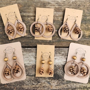 Real Baby Pinecone Wood Loop earrings - Great for Fall, Winter & Christmas Season! Teardrop Circle Leaf with beads