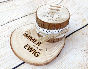 Wedding ring cushion made of wood, personalized with name, date and desired text