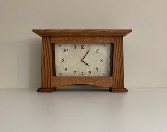 Arts & Crafts Mantel Clock,Mission Style,Early American Stain, IVORY DIAL