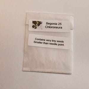 May include: A white paper packet with a label that reads "Begonia 25 Chloroneura". The label also includes a small image of a plant and the text "Contains very tiny seeds Smaller than needle point."