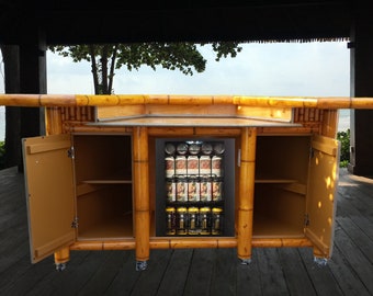 Cooler Tiki, mini fridge/wine cooler ready outdoor backyard deck patio bamboo tiki hut, indoor home mancave bamboo tiki bar. Storage outlets