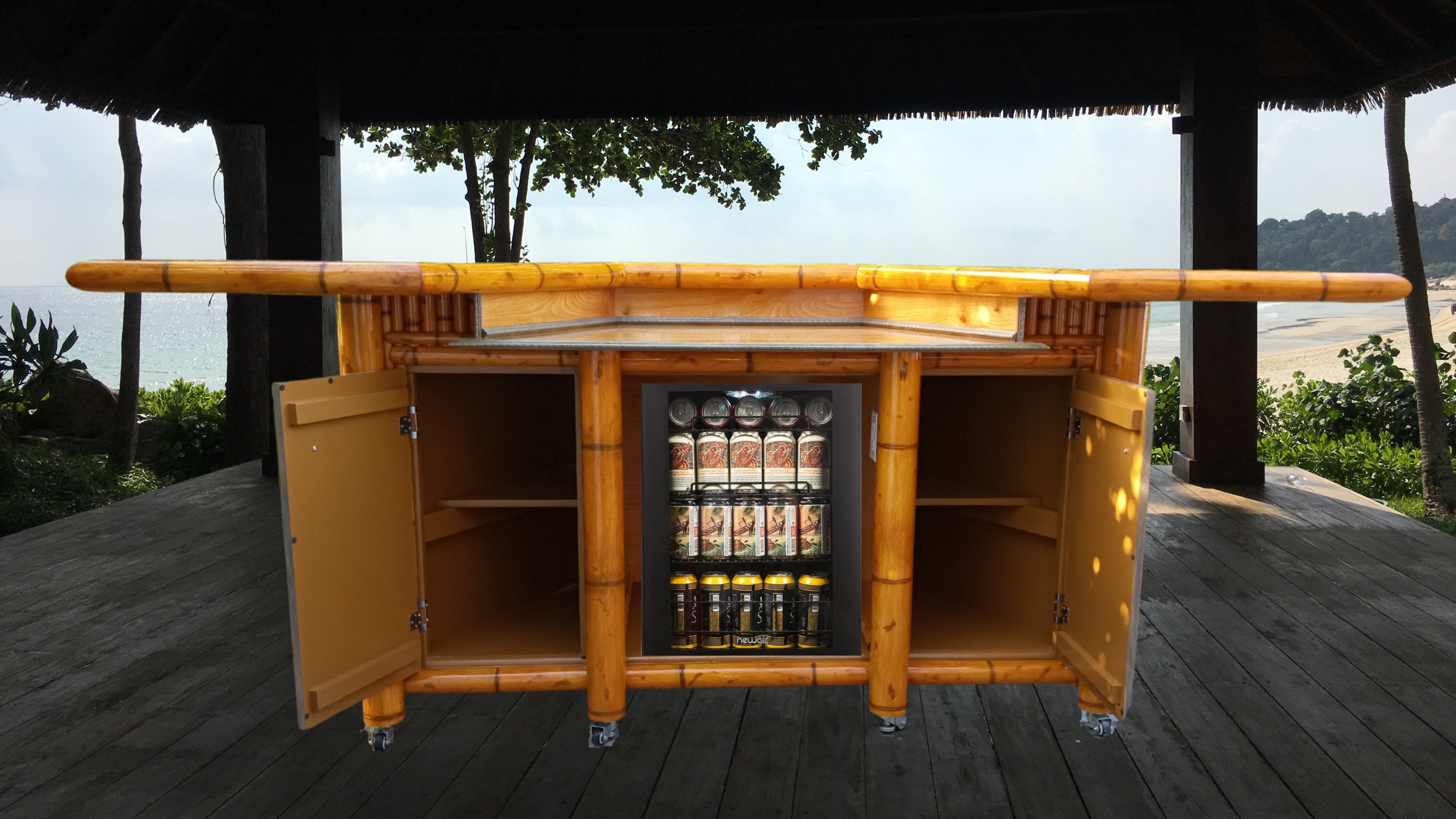 Mini fridge/wine cooler bamboo tiki bar. Outdoor backyard deck, patio, tiki hut or basement bar with storage cabinets, electrical, wheels.