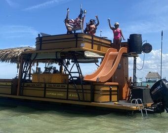 Pontoon bar. Weatherproof all PVC tiki bar, epoxy resin art bar top, storage cabinets. Custom made to fit your boat. Perfect for pool patio.