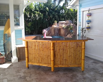 V40 six seat tiki bar with storage cabinets & electrical outlets. Indoor/outdoor bamboo patio, deck, beach house, balcony, porch or hut bar.