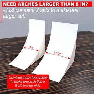 Puede incluir: Dos estructuras de arco blancas curvadas. El arco m&aacute;s peque&ntilde;o mide 10,16 cm de ancho y el m&aacute;s grande mide 13,97 cm de ancho. El texto dice: NEED ARCHES LARGER THAN 8 IN? -Just combine 2 sets to make one larger set! Combine these two arches to make one arch that is 24,13 cm wide.