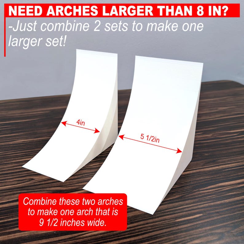 Puede incluir: Dos estructuras de arco blancas curvadas. El arco m&aacute;s peque&ntilde;o mide 10,16 cm de ancho y el m&aacute;s grande mide 13,97 cm de ancho. El texto dice: NEED ARCHES LARGER THAN 8 IN? -Just combine 2 sets to make one larger set! Combine these two arches to make one arch that is 24,13 cm wide.