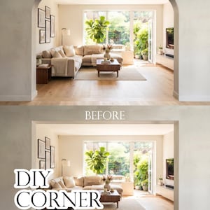 Puede incluir: Un kit de arco de esquina DIY mostrado en una comparaci&oacute;n de antes y despu&eacute;s. La imagen superior muestra una transici&oacute;n de arco redondeado terminada entre dos habitaciones, mientras que la inferior muestra una puerta cuadrada con el texto DIY CORNER ARCH KIT.