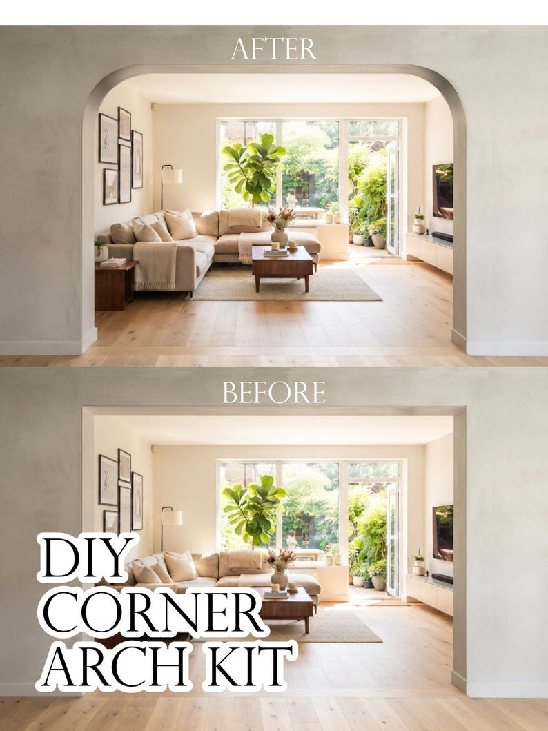 Puede incluir: Un kit de arco de esquina DIY mostrado en una comparaci&oacute;n de antes y despu&eacute;s. La imagen superior muestra una transici&oacute;n de arco redondeado terminada entre dos habitaciones, mientras que la inferior muestra una puerta cuadrada con el texto DIY CORNER ARCH KIT.