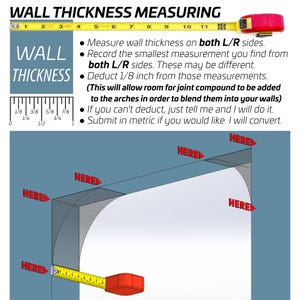 Puede incluir: Un diagrama instructivo para medir el grosor de la pared, con una cinta m&eacute;trica amarilla, un gr&aacute;fico de regla e instrucciones de texto. La imagen muestra la esquina de un arco con flechas rojas etiquetadas como HERE indicando d&oacute;nde medir.