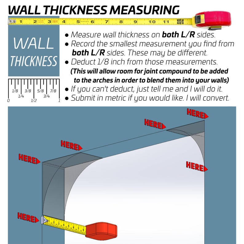 Puede incluir: Un diagrama instructivo para medir el grosor de la pared, con una cinta m&eacute;trica amarilla, un gr&aacute;fico de regla e instrucciones de texto. La imagen muestra la esquina de un arco con flechas rojas etiquetadas como HERE indicando d&oacute;nde medir.
