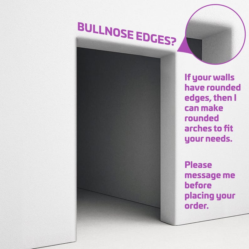 Puede incluir: Una pared blanca con una puerta de bordes redondeados. El texto dice: BULLNOSE EDGES? If your walls have rounded edges, then I can make rounded arches to fit your needs. Please message me before placing your order. Un recuadro circular muestra el borde.
