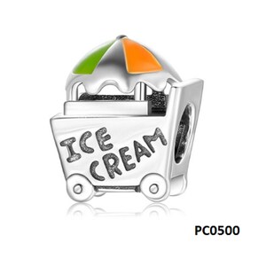 May include: Silver charm shaped like an ice cream cart with a green and orange striped umbrella. The cart has wheels and says "ICE CREAM" on the side.