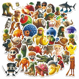 Op de afbeelding: Een verzameling kleurrijke, cartoonachtige stickers met verschillende dieren en voedsel met mensachtige kenmerken. Bevat een haai, een aap die een banaan pelt, een kat en een ninja-koffiekopje. De stickers hebben witte randen.