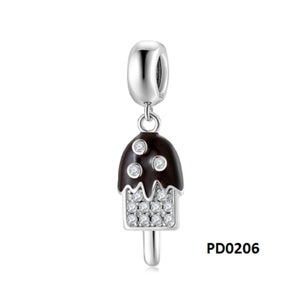 May include: Silver charm with a black and white ice cream design. The charm has a silver loop for attaching to a bracelet or necklace. The ice cream is decorated with small white crystals. The charm is labeled "PD0206".