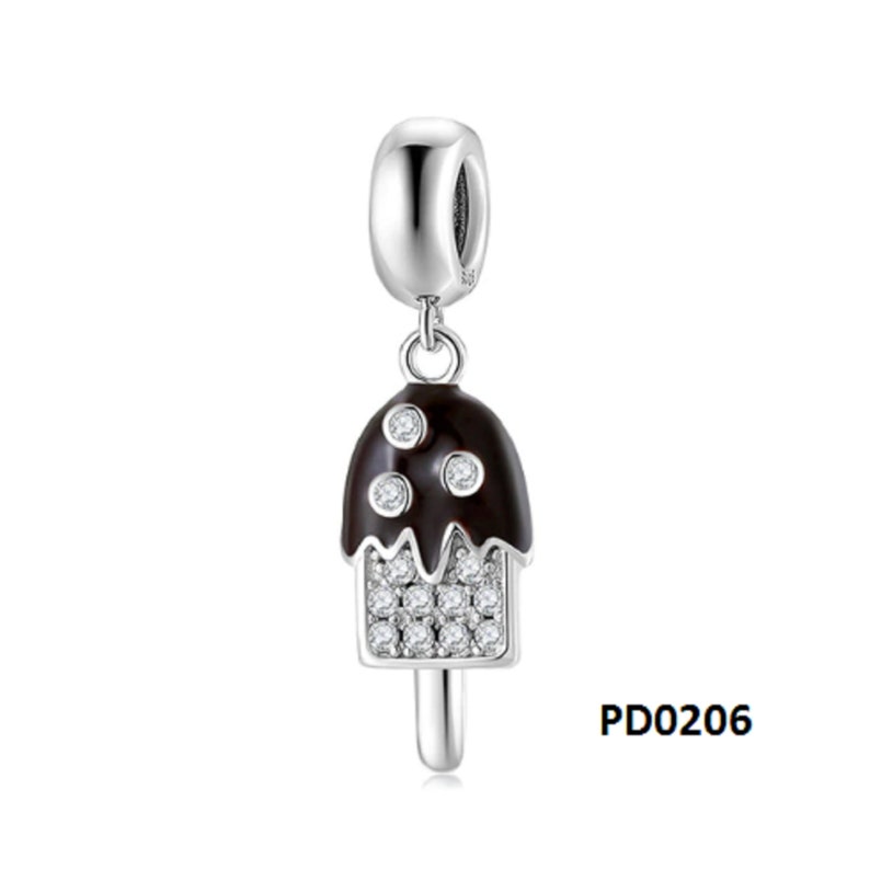 May include: Silver charm with a black and white ice cream design. The charm has a silver loop for attaching to a bracelet or necklace. The ice cream is decorated with small white crystals. The charm is labeled "PD0206".