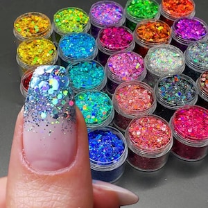 Glitter holográfico robusto de 24 cores, caixas de 24 cores, flocos de glitter para unhas a laser, glitter holográfico robusto para unhas a laser em pó