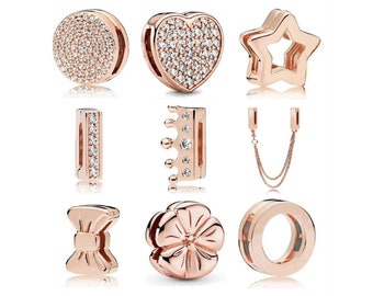 Dije de pulsera Reflexions de oro rosa, dije de clip dorado, dije de plata compatible con dijes de pulseras de malla reflectante, dijes de corazón de amor con estrellas