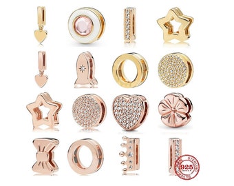 Dije de pulsera Golden Reflexions, dije con clip de oro rosa, dije plateado que se adapta a dijes de pulseras de malla reflectante, dijes de amor de princesa con estrella de corazón