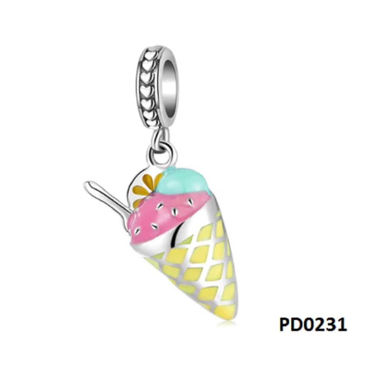 May include: A silver charm in the shape of an ice cream cone with three scoops of ice cream. The ice cream is pink, blue, and white with a yellow waffle cone. The charm has a small flower on top and a silver loop for attaching to a bracelet.