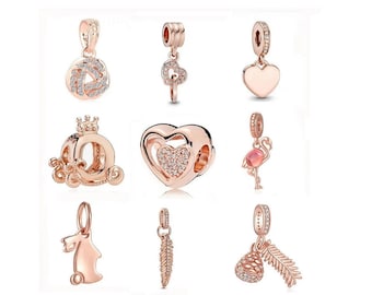 New 2024, Rose Gold Heart Charms Bead, Sparkling Silver Charm fits Original Bracelet Charm, Women Fashion Jewelry