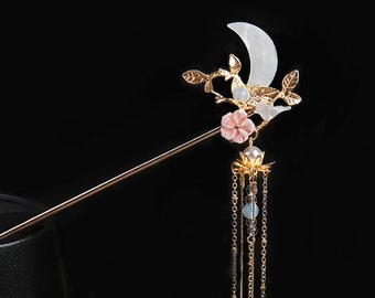 Moon Silver Hairpin, Phoenix Hairpin, Hanfu Hairpin, Tassel Hairpin, Tassel Hair Stick, Hanfu Hairpin, Flower Hair Stick, hair Accessories