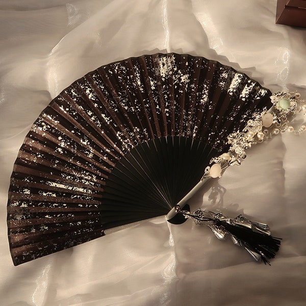 Black Sprinkled Gold Folding Fan, Handmade Tassel Folding Fan, Chinese Folding Fan, Hanfu Fan, Hand Fan, Pearl Chain Fan, Hanfu Accessories