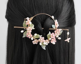 Pink Flower Hairpin, Vintage Flower Hair Ring Hairpin, Women Daily Hair Stick, Summer Hair Stick, Hanfu Hair Fork, Hair Accessories, Gifts