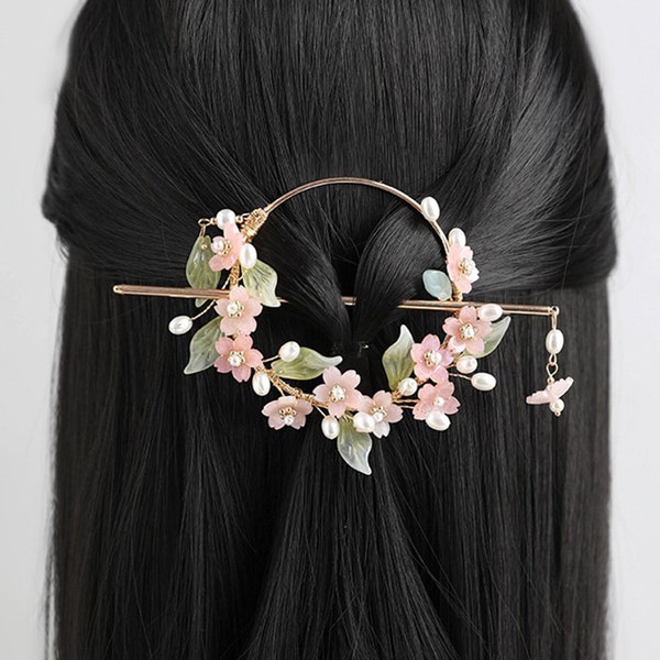 Pink Flower Hairpin, Vintage Flower Hair Ring Hairpin, Women Daily Hair Stick, Summer Hair Stick, Hanfu Hair Fork, Hair Accessories, Gifts