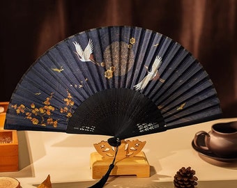 Vintage Crane Folding Fan, Flower Tassel Folding Fan, Japanese Hand Fan, Women Hand Fan, Chinese Folding Fan, Summer Folding Fan,Wedding Fan