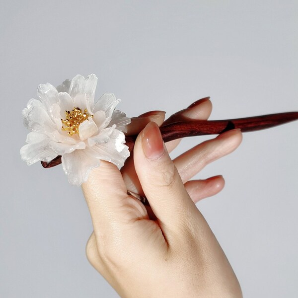 White Peony Flower Hairpin, Vintage Flower Hairpin, Wooden Hairpin, Hanfu Hairpin, Chinese Hairpin, Hair Stick, Hanfu Hair Accessories,Gifts