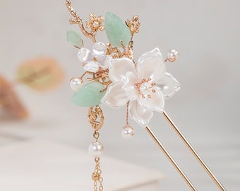 Camellia Flower Hairpin, Vintage Flower Hairpin, Hanfu Tassel Hairpin, Women's Hair Fork, Chinese Hairpin, Hair Stick,Hanfu Hair Accessories