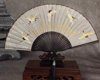 Crane Bamboo Fan, Retro Rice Paper Tassel Folding Fan, Chinese Folding Fan, Men Hand Fan, Women Hand Fan, Wedding Fan, Folding Fan Shelf