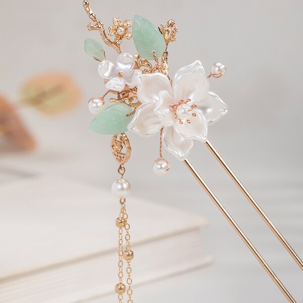 Camellia Flower Hairpin, Vintage Flower Hairpin, Hanfu Tassel Hairpin, Women's Hair Fork, Chinese Hairpin, Hair Stick,Hanfu Hair Accessories