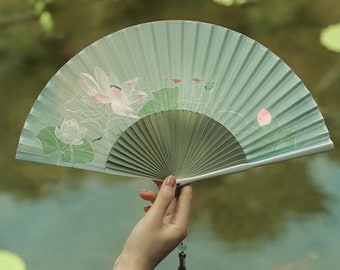 Green Lotus Folding Fan, Women Hand Fan, Retro Begonia Flower Fan, Chinese Fan, Hanfu Folding Fan, Wedding Hand Fan, Summer Tassel Fan, Gift