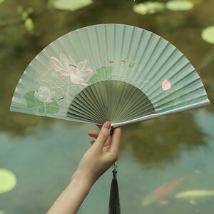 Green Lotus Folding Fan, Women Hand Fan, Retro Begonia Flower Fan, Chinese Fan, Hanfu Folding Fan, Wedding Hand Fan, Summer Tassel Fan, Gift