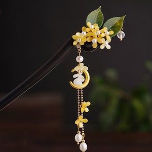 Vintage Tassel Moon Hairpin, Osmanthus Flower Hairpin, Cute Rabbit Hair Pin, Chinese Hairpin, Women's Hair Stick, Wooden Hairpin, Hair Fork