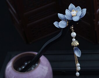 Blue Glazed Wood Hairpin, Magnolia Flower Hairpin, Women'S Hair Stick, Vintage Flower Hair Fork, Hanfu Tassel Hair Forks, Hair Accessories