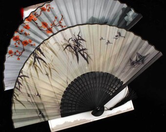 Ancient Hanfu Bamboo Fan, Plum Blossom Folding Fan, Ink Lotus Folding Fan, Retro Hand Fan, Women Hand Fan, Chinese Fan, Hanfu Accessories