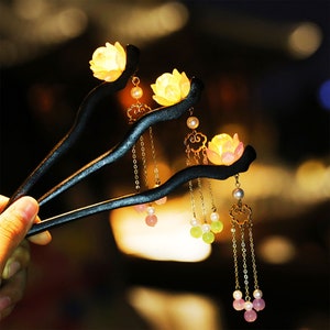 Vintage Luminescence Lotus Hairpin, Cute Flower Tassel Wood Hairpin, Women Hair Stick, Hanfu Hair Fork, Chinese Hairpin, Hair Accessories